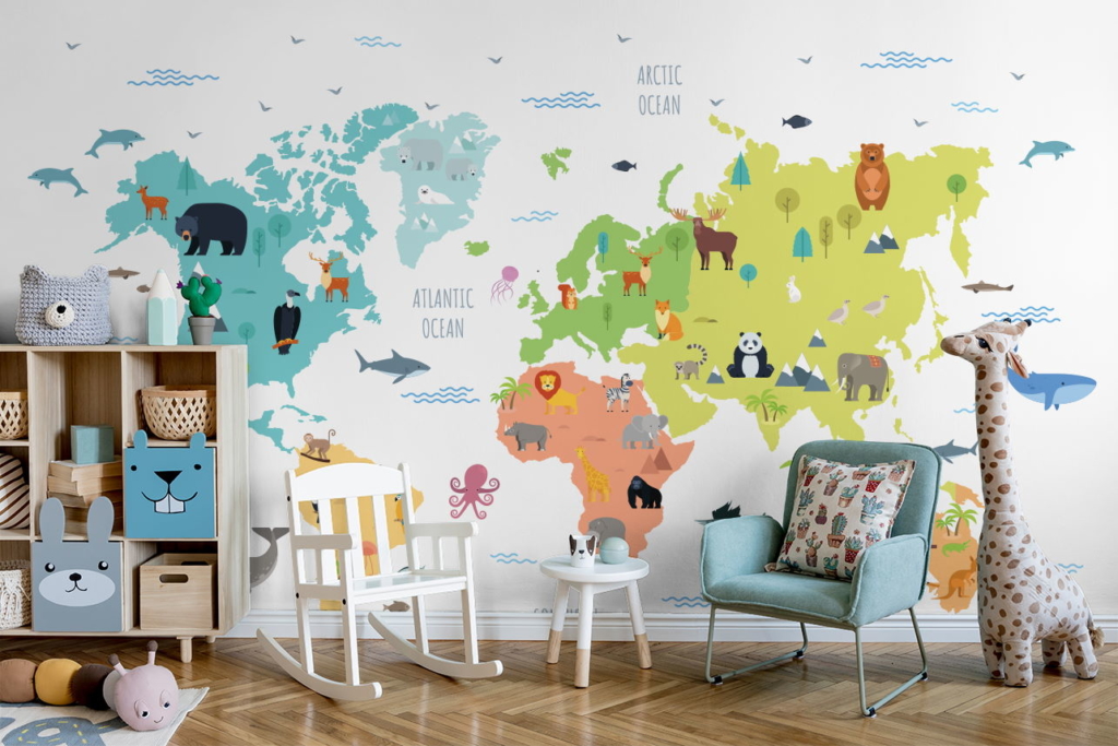Pastellfarbene Weltkarte als Fototapete im Kinderzimmer